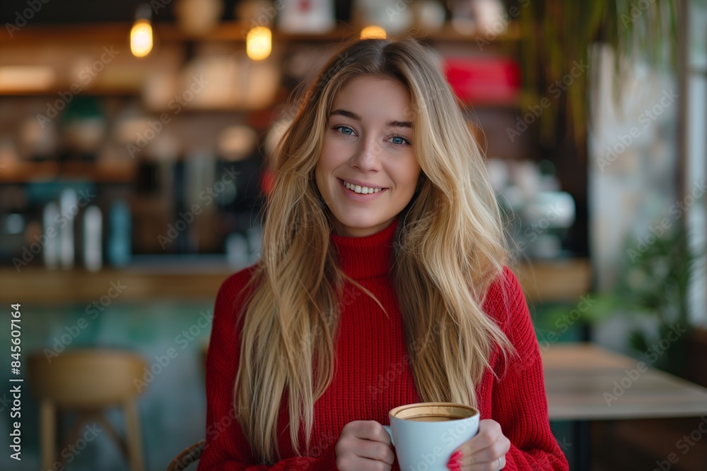 Smiling Blonde Woman Enjoying Coffee in Cozy Cafe Ambiance Smiling Blonde Woman Enjoying Coffee in Cozy Cafe Ambiance