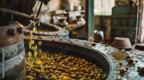 The process of pressing olives to extract oil in an old mill. Olives being processed in an olive oil factory. Industrial food production background for design, poster, banner, website, print.