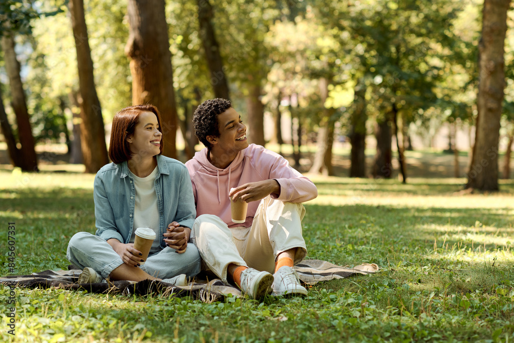 A diverse couple in vibrant attire enjoying a peaceful moment sitting on a blanket in a park. A diverse couple in vibrant attire enjoying a peaceful moment sitting on a blanket in a park.