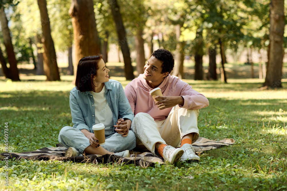 A diverse couple in vibrant attire enjoying a leisurely afternoon on a blanket in a park. A diverse couple in vibrant attire enjoying a leisurely afternoon on a blanket in a park.