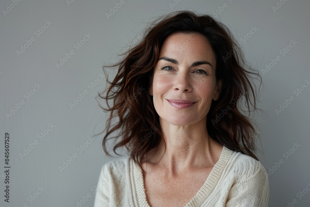 A close up portrait of a woman with a subtle smile A close up portrait of a woman with a subtle smile