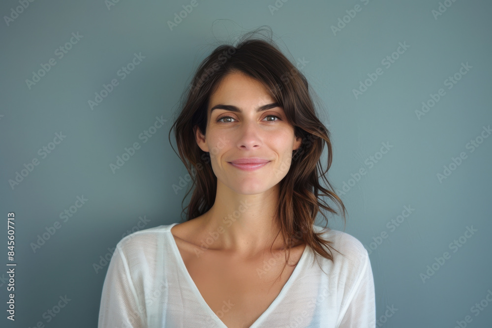 A close up portrait of a woman with a subtle smile A close up portrait of a woman with a subtle smile