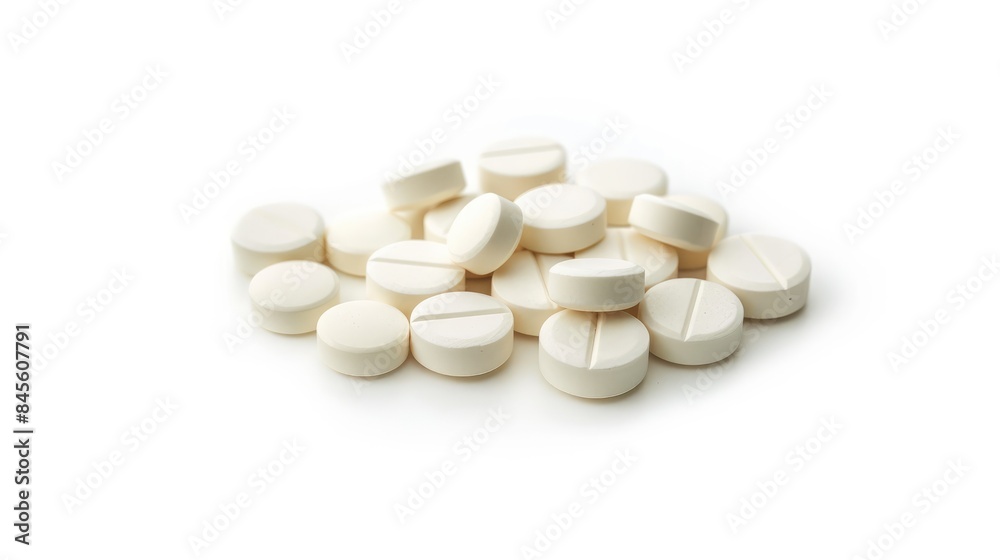Medication pills on a white background Symbolizing healthcare therapy drug utilization procurement and medication trade Medication pills on a white background Symbolizing healthcare therapy drug utilization procurement and medication trade