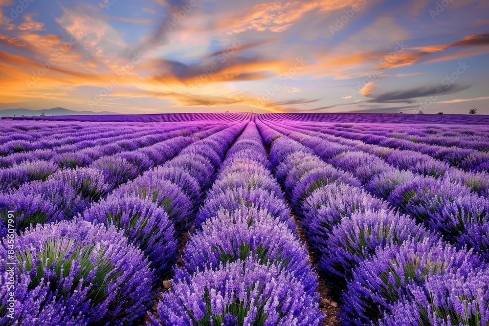 Enchanting Lavender Field at Sunset: Rows of Purple Flowers Under Vibrant Sky for Beautiful Landscape Prints Enchanting Lavender Field at Sunset: Rows of Purple Flowers Under Vibrant Sky for Beautiful Landscape Prints
