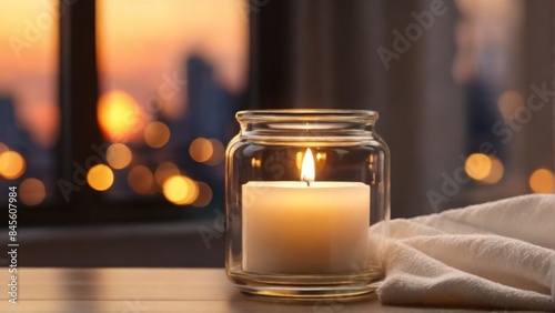spa candle in a glass cup on a dark background. The concept of spa and wellness. Serene atmosphere for relaxation and wellness, concept for spa retreats, beauty salons, wellness centers.
