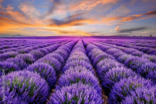 Enchanting Lavender Field at Sunset  Rows of Purple Flowers Under Vibrant Sky for Beautiful Landscape Prints