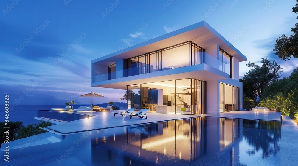 modern luxury villa at sunset illuminated interior and exterior architectural 3d rendering modern luxury villa at sunset illuminated interior and exterior architectural 3d rendering