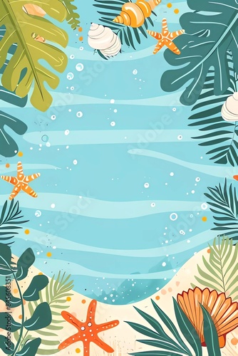 Summer sea banner template  frame with tropical leaves monstera  palm tree  seashells  starfish. Hello summer. Space for text.Poster  template for social media  banner  postcard. Cartoon illustration