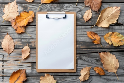 Clipboard on Rustic Wooden Background with the Autumn