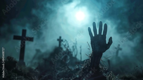 Eerie Zombie Hand Emerging from the Grave at Night - Generative AI photo