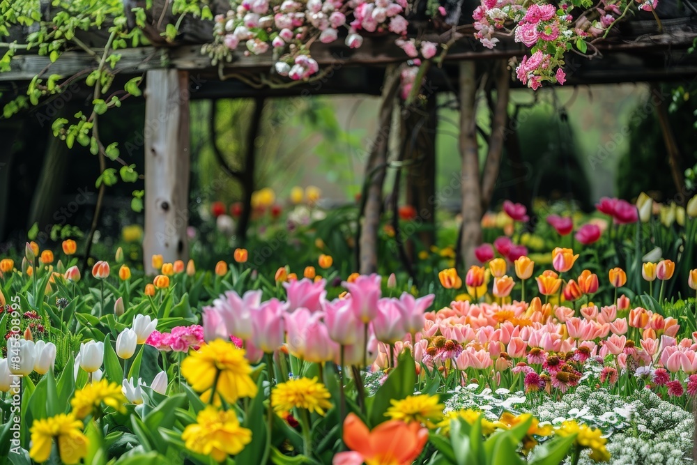Fototapeta premium Colorful Spring Flower Garden with Tulips, Daisies, Marigolds, and Wooden Arbor Covered in Climbing Roses