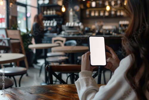Woman Holding Smartphone with Blank Screen in Café