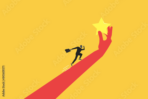 Businessman run up to reach star in giant hand. concept of Employee success recognition, encourage and motivate best performance, cheering or honor on success or achievement