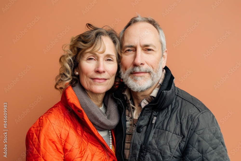 Portrait of a content caucasian couple in their 50s sporting a quilted insulated jacket isolated on soft orange background Portrait of a content caucasian couple in their 50s sporting a quilted insulated jacket isolated on soft orange background