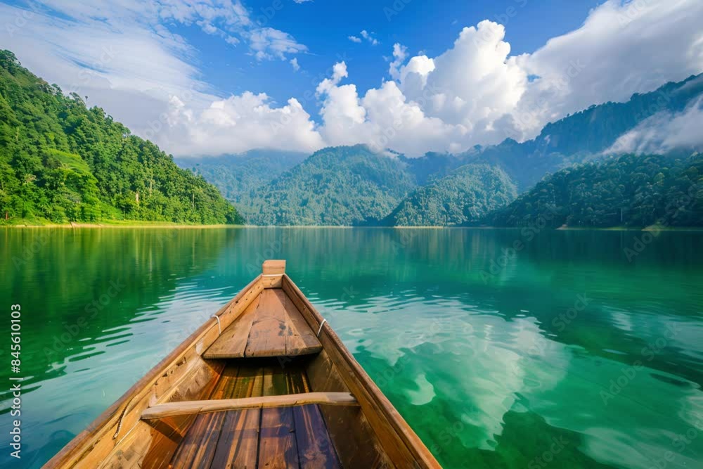 A wooden boat floats on the emerald green lake, surrounded by mountains and forests, creating an idyllic scene of nature. A wooden boat floats on the emerald green lake, surrounded by mountains and forests, creating an idyllic scene of nature.
