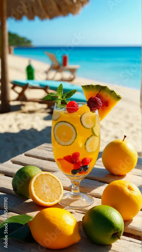 glass of refreshing drink with slices of fruit and decoration on a wooden beach table close-up, next to a sun lounger on a sandy beach, beautiful tropical beach in the background, sea, warm sunny day