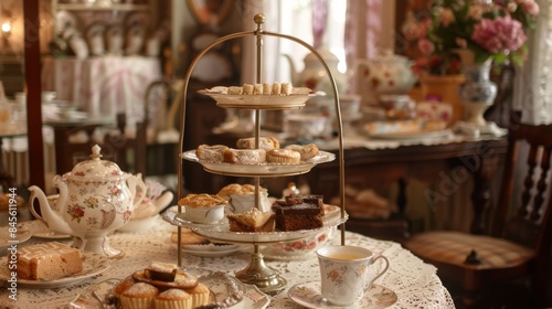 Wallpaper Mural Elegant Vintage Tea Parlor with Assorted Pastries and Delicate China Tableware for Afternoon Tea Torontodigital.ca