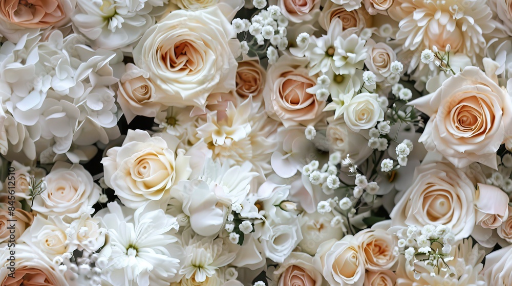 a large wall adorned in a mesmerizing array of white and blush roses, peonies, and delicate baby's breath, evoking an atmosphere of romance and elegance. SEAMLESS PATTERN a large wall adorned in a mesmerizing array of white and blush roses, peonies, and delicate baby's breath, evoking an atmosphere of romance and elegance. SEAMLESS PATTERN