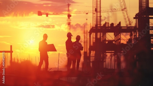 Witness the silhouette of business engineers combing through construction sites at sunset  in search of crucial blueprints