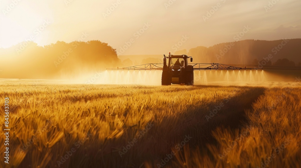 Fototapeta premium Explore the picturesque beauty of a field as a tractor tends to crops, ensuring optimal growth and productivity