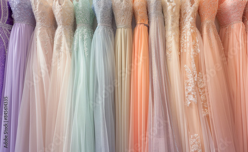 A collection of pastel-colored dresses hanging in a row, showcasing delicate fabrics and soft hues.