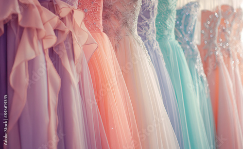 Wallpaper Mural A collection of pastel-colored dresses hanging in a row, showcasing delicate fabrics and soft hues. Torontodigital.ca