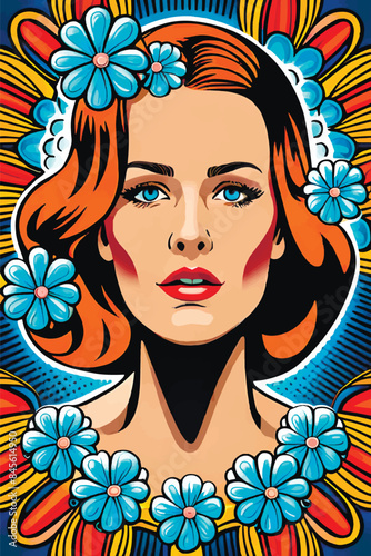 Illustrate a Superwoman in a Retro 1970s Pop Art Style with Feminist Themes, Featuring Strong, Feminine Women, Floral Patterns, Daisies, Hippie, Trippy Psychedelic Elements, and Ornamental Frames