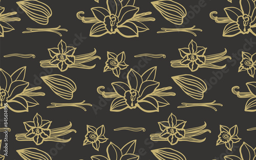 Isolated vector pattern of vanilla. Gold vanilla sticks, vanilla flower and pods. Aroma, food, cookery. Hand drawn. illustration of vanilla flower, bean and pods on isolated dark background.