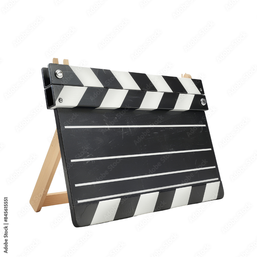 Fototapeta premium Close-up image of a classic black and white movie clapperboard, used in film production to mark scenes and synchronize sound. transparent background.