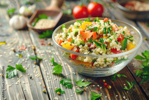 Fresh Proso Millet Salad with Colorful Vegetables and Light Vinaigrette in Glass Bowl photo