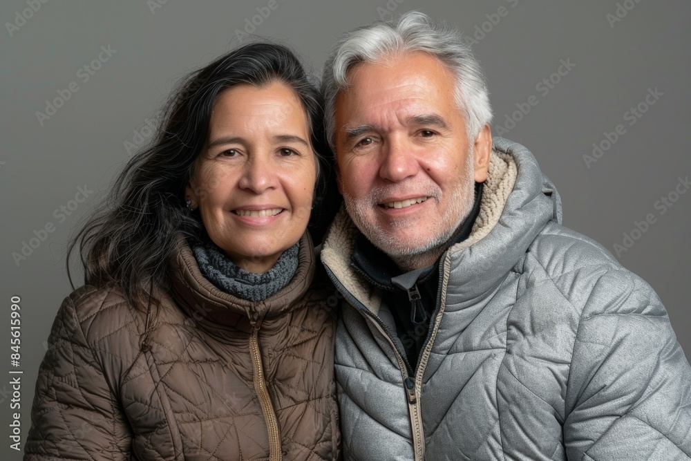 Portrait of a glad multicultural couple in their 60s sporting a quilted insulated jacket over soft gray background Portrait of a glad multicultural couple in their 60s sporting a quilted insulated jacket over soft gray background