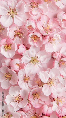 Beautiful spring apple blossoms on a pastel background  shown from a top view with copy space for text.