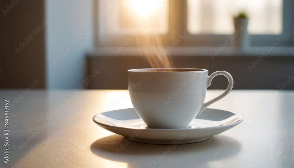Morning Coffee: A white cup filled with steaming coffee rests on a clean white table, casting a subtle shadow. creating a serene morning scene. Morning Coffee: A white cup filled with steaming coffee rests on a clean white table, casting a subtle shadow. creating a serene morning scene.