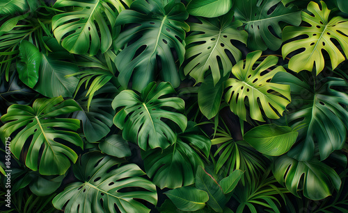 A lush, dense wall of green tropical leaves, creating a vibrant and natural backdrop.