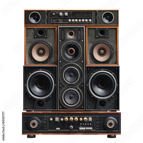 High-quality vintage stereo system with large speakers, perfect for music enthusiasts and collectors. Retro audio equipment. transparent background.