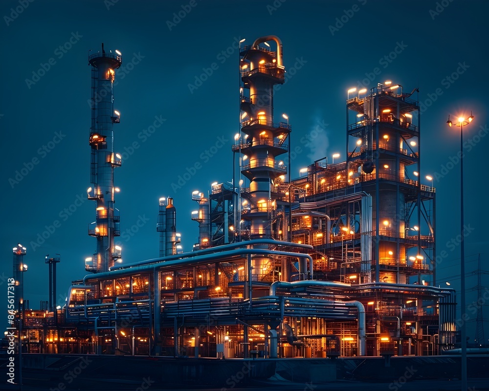 Towering Oil Refinery Structures Illuminated at Night Impressive Petrochemical Plant and Industrial Landscape Towering Oil Refinery Structures Illuminated at Night Impressive Petrochemical Plant and Industrial Landscape