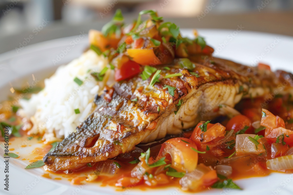 Malian Grilled Nile Perch with Tomato and Onion Sauce, Rice, and Vegetables Malian Grilled Nile Perch with Tomato and Onion Sauce, Rice, and Vegetables