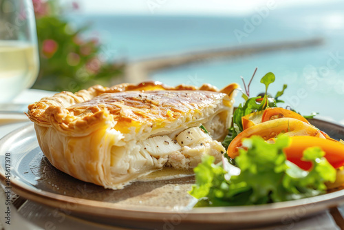 Traditional Maltese Lampuki Pie with Flaky Crust and Side Salad photo