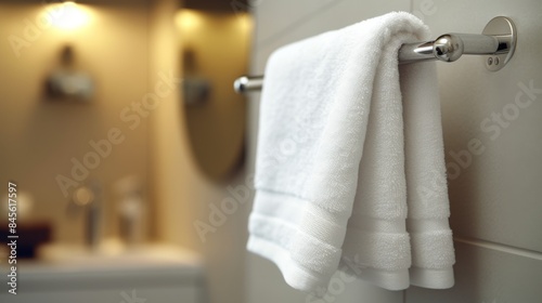 Close-up of clean white towel hanging in luxury bathroom.