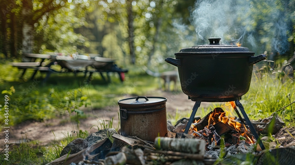 a black cast iron pot resting on three metal tripods over an open fire in nature, set against a lush green forest backdrop. a black cast iron pot resting on three metal tripods over an open fire in nature, set against a lush green forest backdrop.