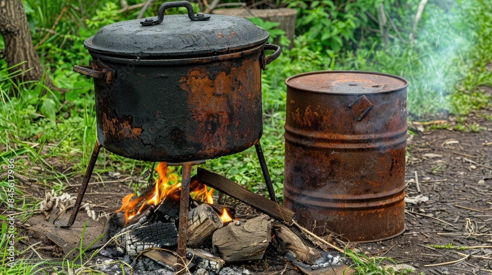 a black cast iron pot resting on three metal tripods over an open fire in nature, set against a lush green forest backdrop. a black cast iron pot resting on three metal tripods over an open fire in nature, set against a lush green forest backdrop.