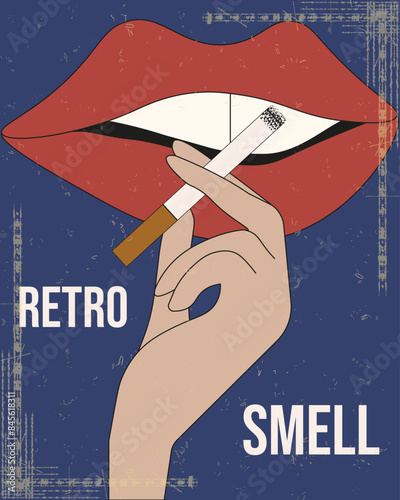 Boho Groovy red lips and cigarette. Old fashion poster with trendy Grunge Noise texture. Retro Naive vector aesthetic can used smoking room design. EPS 10