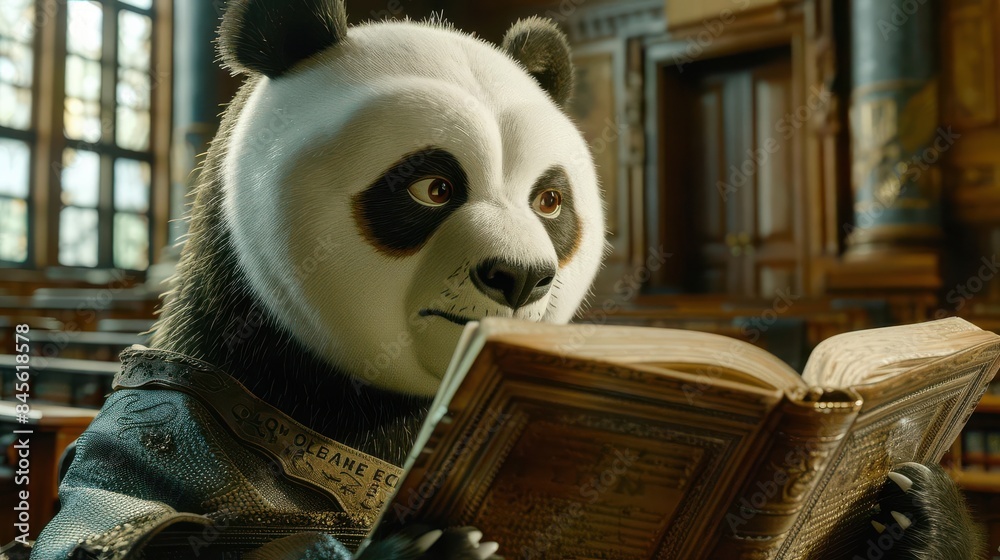 A panda bear judge, reading from a legal book in a courtroom, natural light, close-up angle, detailed scene style