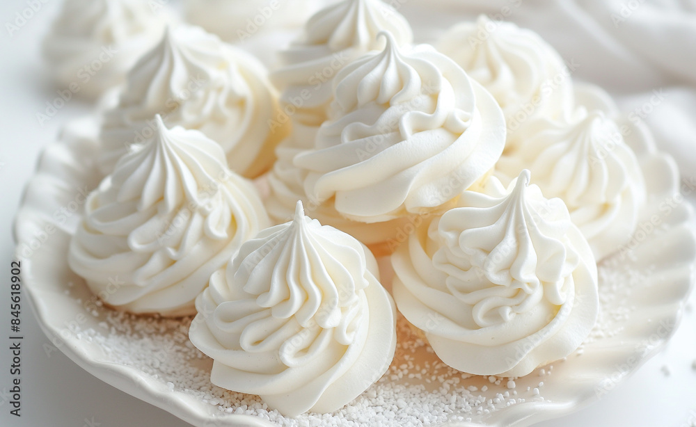 A close-up view of elegant, white meringue cookies artfully arranged on a plate. A close-up view of elegant, white meringue cookies artfully arranged on a plate.