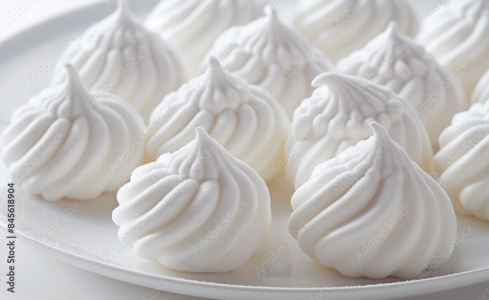 A close-up view of elegant, white meringue cookies artfully arranged on a plate. A close-up view of elegant, white meringue cookies artfully arranged on a plate.