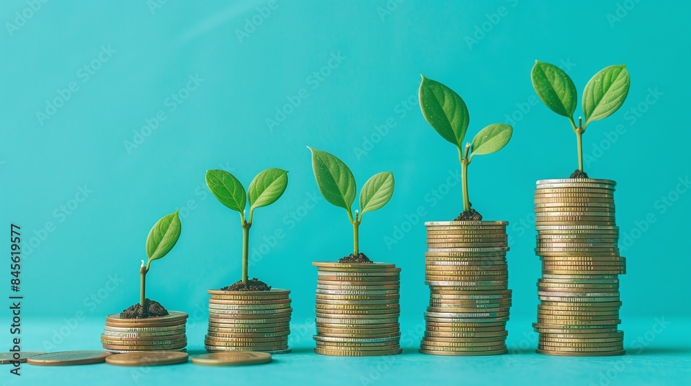 conceptual illustration of business growth with seedlings sprouting from stacks of coins against a blue background. conceptual illustration of business growth with seedlings sprouting from stacks of coins against a blue background.