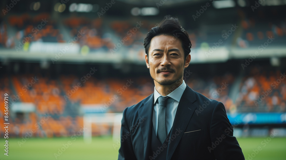 A Japanese manager in a suit stands confidently in a stadium, his smile reflecting both professionalism and charisma. The background features a vibrant stadium scene. A Japanese manager in a suit stands confidently in a stadium, his smile reflecting both professionalism and charisma. The background features a vibrant stadium scene.