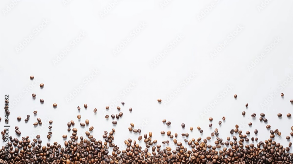 Naklejka premium Discover a wide panoramic view of coffee beans framing the scene, isolated on a white background, providing generous space for text or images