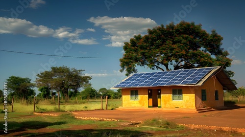 Rural Health Clinic Powered by Solar Panels in Scenic Countryside Landscape © vanilnilnilla