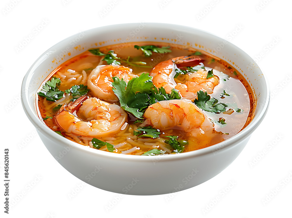 Hot and sour prawn soup in a white ceramic bowl Hot and sour prawn soup in a white ceramic bowl